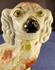 ANTIQUE PAIR OF 19TH CENTURY STAFFORDSHIRE WHITE & RED SPANIELS 13